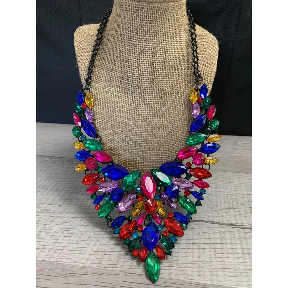 Multicolor Rhinestone Statement Bib Necklace Black Metal‎ Crystal Jewel Collar